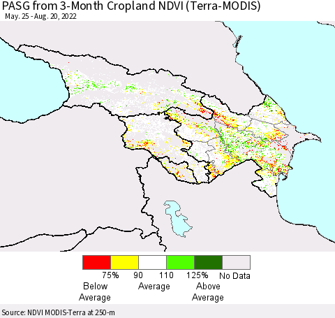 Azerbaijan, Armenia and Georgia PASG from 3-Month Cropland NDVI (Terra-MODIS) Thematic Map For 8/13/2022 - 8/20/2022