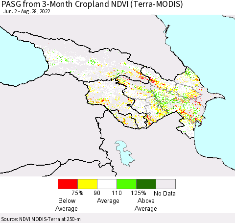 Azerbaijan, Armenia and Georgia PASG from 3-Month Cropland NDVI (Terra-MODIS) Thematic Map For 8/21/2022 - 8/28/2022