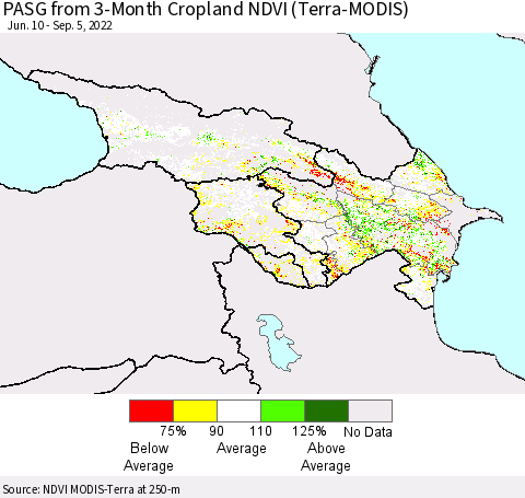 Azerbaijan, Armenia and Georgia PASG from 3-Month Cropland NDVI (Terra-MODIS) Thematic Map For 8/29/2022 - 9/5/2022