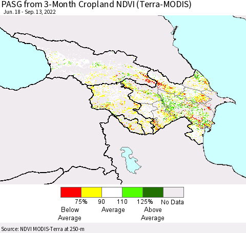Azerbaijan, Armenia and Georgia PASG from 3-Month Cropland NDVI (Terra-MODIS) Thematic Map For 9/6/2022 - 9/13/2022