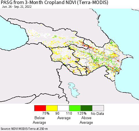Azerbaijan, Armenia and Georgia PASG from 3-Month Cropland NDVI (Terra-MODIS) Thematic Map For 9/14/2022 - 9/21/2022