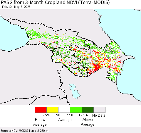 Azerbaijan, Armenia and Georgia PASG from 3-Month Cropland NDVI (Terra-MODIS) Thematic Map For 5/1/2023 - 5/8/2023
