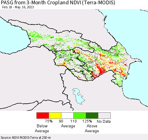 Azerbaijan, Armenia and Georgia PASG from 3-Month Cropland NDVI (Terra-MODIS) Thematic Map For 5/9/2023 - 5/16/2023
