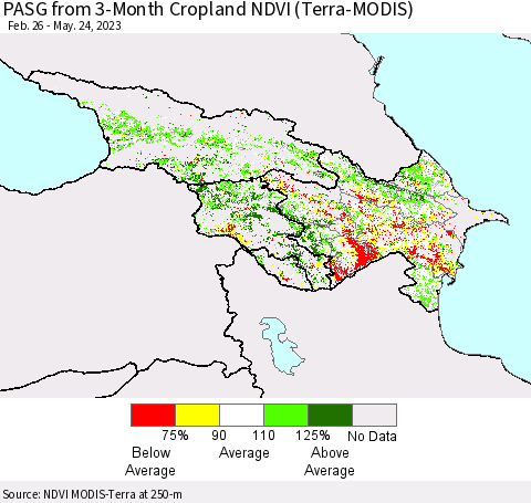 Azerbaijan, Armenia and Georgia PASG from 3-Month Cropland NDVI (Terra-MODIS) Thematic Map For 5/17/2023 - 5/24/2023