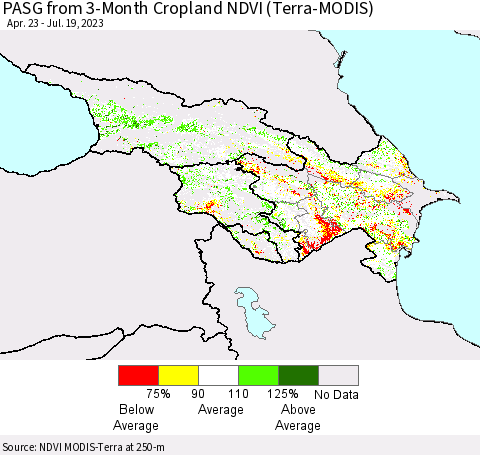 Azerbaijan, Armenia and Georgia PASG from 3-Month Cropland NDVI (Terra-MODIS) Thematic Map For 7/12/2023 - 7/19/2023