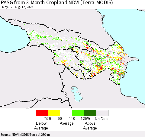 Azerbaijan, Armenia and Georgia PASG from 3-Month Cropland NDVI (Terra-MODIS) Thematic Map For 8/5/2023 - 8/12/2023