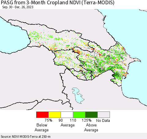 Azerbaijan, Armenia and Georgia PASG from 3-Month Cropland NDVI (Terra-MODIS) Thematic Map For 12/19/2023 - 12/26/2023