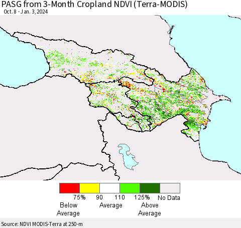 Azerbaijan, Armenia and Georgia PASG from 3-Month Cropland NDVI (Terra-MODIS) Thematic Map For 12/27/2023 - 1/3/2024