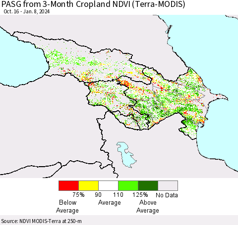 Azerbaijan, Armenia and Georgia PASG from 3-Month Cropland NDVI (Terra-MODIS) Thematic Map For 1/1/2024 - 1/8/2024