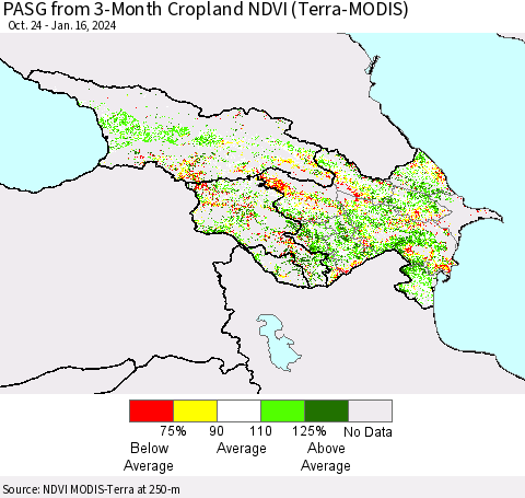 Azerbaijan, Armenia and Georgia PASG from 3-Month Cropland NDVI (Terra-MODIS) Thematic Map For 1/9/2024 - 1/16/2024
