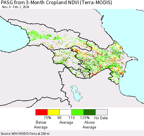 Azerbaijan, Armenia and Georgia PASG from 3-Month Cropland NDVI (Terra-MODIS) Thematic Map For 1/25/2024 - 2/1/2024