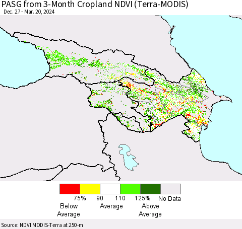 Azerbaijan, Armenia and Georgia PASG from 3-Month Cropland NDVI (Terra-MODIS) Thematic Map For 3/13/2024 - 3/20/2024