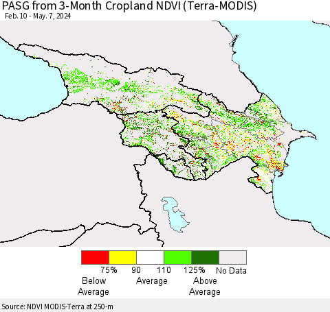 Azerbaijan, Armenia and Georgia PASG from 3-Month Cropland NDVI (Terra-MODIS) Thematic Map For 4/30/2024 - 5/7/2024