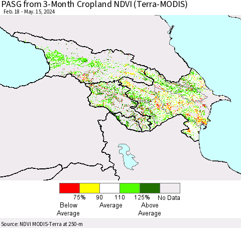Azerbaijan, Armenia and Georgia PASG from 3-Month Cropland NDVI (Terra-MODIS) Thematic Map For 5/8/2024 - 5/15/2024