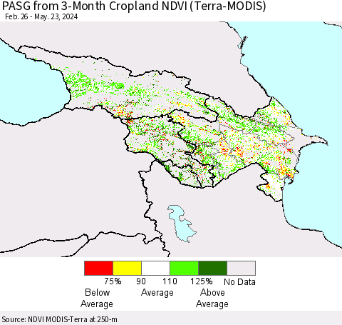 Azerbaijan, Armenia and Georgia PASG from 3-Month Cropland NDVI (Terra-MODIS) Thematic Map For 5/16/2024 - 5/23/2024