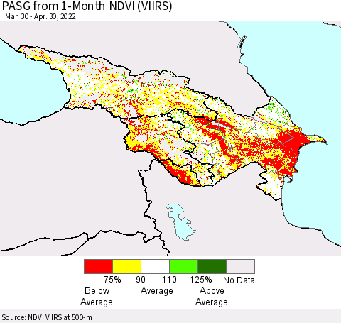 Azerbaijan, Armenia and Georgia PASG from 1-Month NDVI (VIIRS) Thematic Map For 4/23/2022 - 4/30/2022