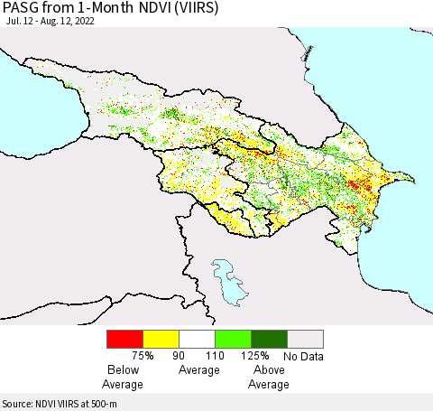Azerbaijan, Armenia and Georgia PASG from 1-Month NDVI (VIIRS) Thematic Map For 8/5/2022 - 8/12/2022