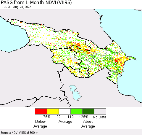 Azerbaijan, Armenia and Georgia PASG from 1-Month NDVI (VIIRS) Thematic Map For 8/21/2022 - 8/28/2022