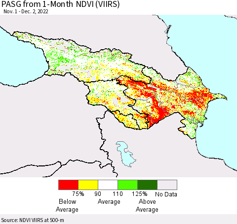 Azerbaijan, Armenia and Georgia PASG from 1-Month NDVI (VIIRS) Thematic Map For 11/25/2022 - 12/2/2022