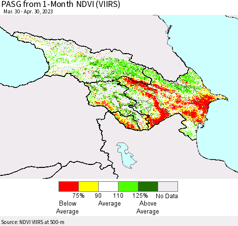Azerbaijan, Armenia and Georgia PASG from 1-Month NDVI (VIIRS) Thematic Map For 4/23/2023 - 4/30/2023