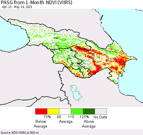 Azerbaijan, Armenia and Georgia PASG from 1-Month NDVI (VIIRS) Thematic Map For 5/9/2023 - 5/16/2023