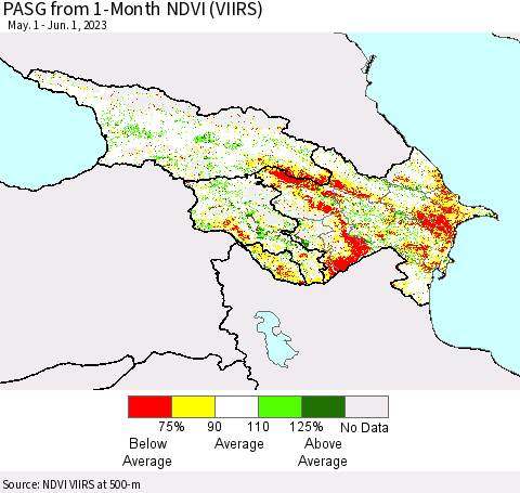 Azerbaijan, Armenia and Georgia PASG from 1-Month NDVI (VIIRS) Thematic Map For 5/25/2023 - 6/1/2023