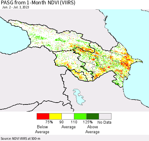 Azerbaijan, Armenia and Georgia PASG from 1-Month NDVI (VIIRS) Thematic Map For 6/26/2023 - 7/3/2023