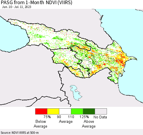 Azerbaijan, Armenia and Georgia PASG from 1-Month NDVI (VIIRS) Thematic Map For 7/4/2023 - 7/11/2023