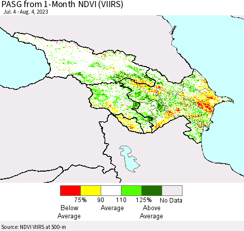 Azerbaijan, Armenia and Georgia PASG from 1-Month NDVI (VIIRS) Thematic Map For 7/28/2023 - 8/4/2023