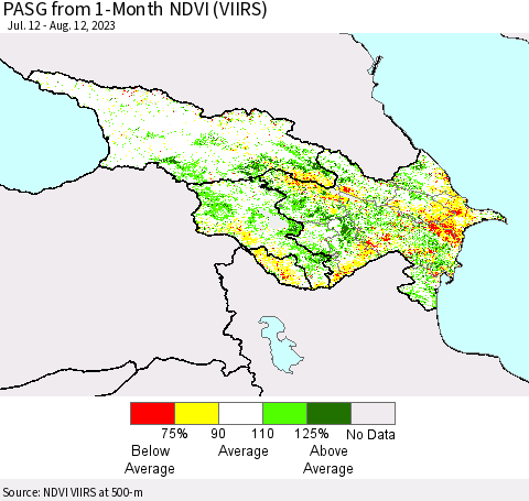 Azerbaijan, Armenia and Georgia PASG from 1-Month NDVI (VIIRS) Thematic Map For 8/5/2023 - 8/12/2023