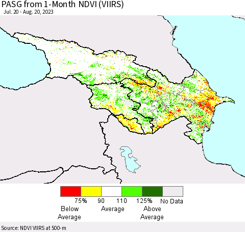 Azerbaijan, Armenia and Georgia PASG from 1-Month NDVI (VIIRS) Thematic Map For 8/13/2023 - 8/20/2023