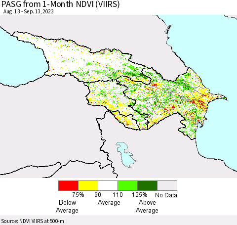 Azerbaijan, Armenia and Georgia PASG from 1-Month NDVI (VIIRS) Thematic Map For 9/6/2023 - 9/13/2023