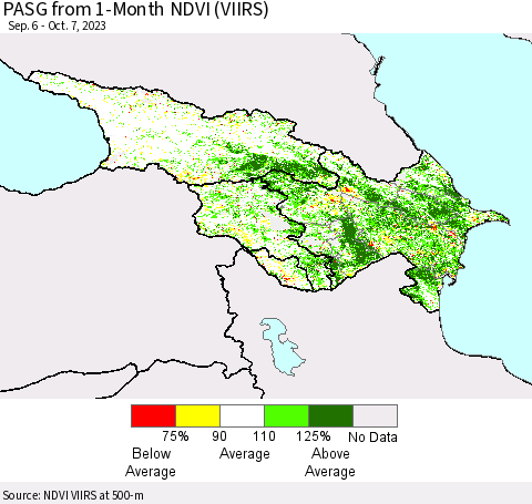 Azerbaijan, Armenia and Georgia PASG from 1-Month NDVI (VIIRS) Thematic Map For 9/30/2023 - 10/7/2023