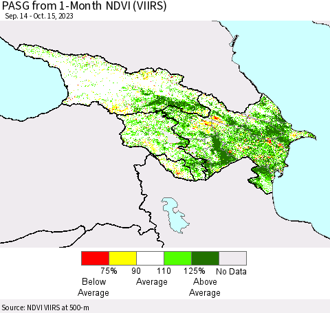 Azerbaijan, Armenia and Georgia PASG from 1-Month NDVI (VIIRS) Thematic Map For 10/8/2023 - 10/15/2023