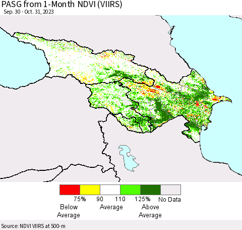 Azerbaijan, Armenia and Georgia PASG from 1-Month NDVI (VIIRS) Thematic Map For 10/24/2023 - 10/31/2023