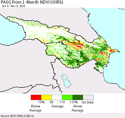 Azerbaijan, Armenia and Georgia PASG from 1-Month NDVI (VIIRS) Thematic Map For 11/1/2023 - 11/8/2023