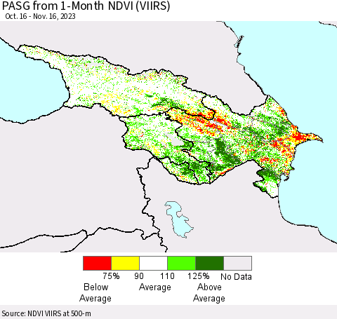 Azerbaijan, Armenia and Georgia PASG from 1-Month NDVI (VIIRS) Thematic Map For 11/9/2023 - 11/16/2023