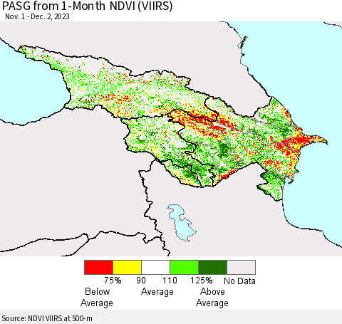 Azerbaijan, Armenia and Georgia PASG from 1-Month NDVI (VIIRS) Thematic Map For 11/25/2023 - 12/2/2023