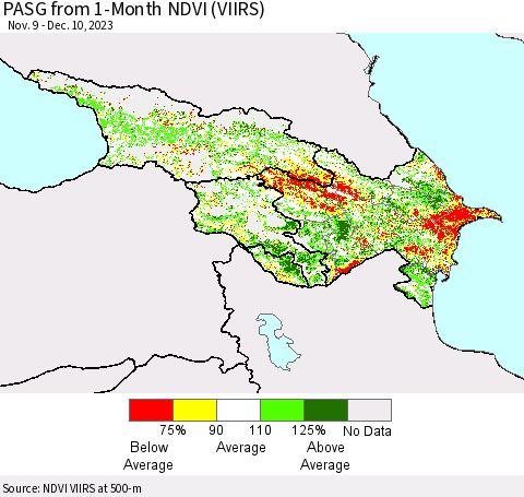 Azerbaijan, Armenia and Georgia PASG from 1-Month NDVI (VIIRS) Thematic Map For 12/3/2023 - 12/10/2023