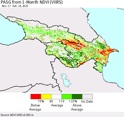 Azerbaijan, Armenia and Georgia PASG from 1-Month NDVI (VIIRS) Thematic Map For 12/11/2023 - 12/18/2023