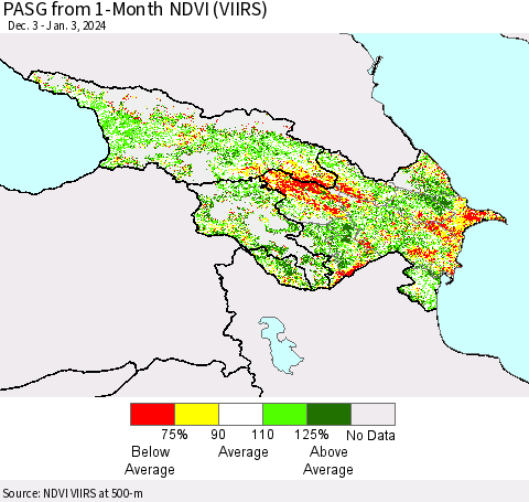 Azerbaijan, Armenia and Georgia PASG from 1-Month NDVI (VIIRS) Thematic Map For 12/27/2023 - 1/3/2024