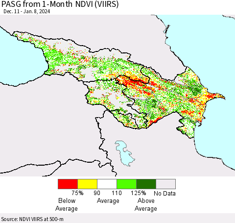 Azerbaijan, Armenia and Georgia PASG from 1-Month NDVI (VIIRS) Thematic Map For 1/1/2024 - 1/8/2024