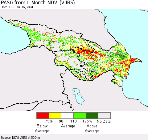 Azerbaijan, Armenia and Georgia PASG from 1-Month NDVI (VIIRS) Thematic Map For 1/9/2024 - 1/16/2024