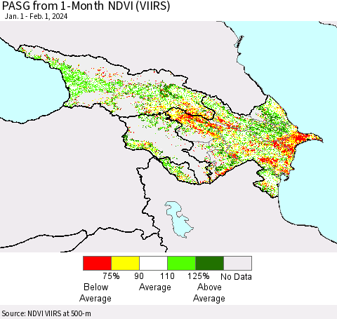 Azerbaijan, Armenia and Georgia PASG from 1-Month NDVI (VIIRS) Thematic Map For 1/25/2024 - 2/1/2024
