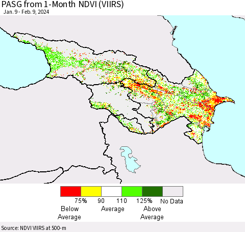 Azerbaijan, Armenia and Georgia PASG from 1-Month NDVI (VIIRS) Thematic Map For 2/2/2024 - 2/9/2024