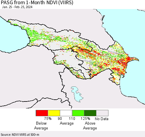 Azerbaijan, Armenia and Georgia PASG from 1-Month NDVI (VIIRS) Thematic Map For 2/18/2024 - 2/25/2024