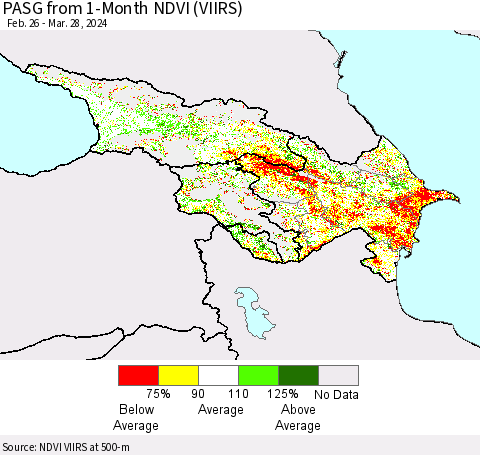Azerbaijan, Armenia and Georgia PASG from 1-Month NDVI (VIIRS) Thematic Map For 3/21/2024 - 3/28/2024