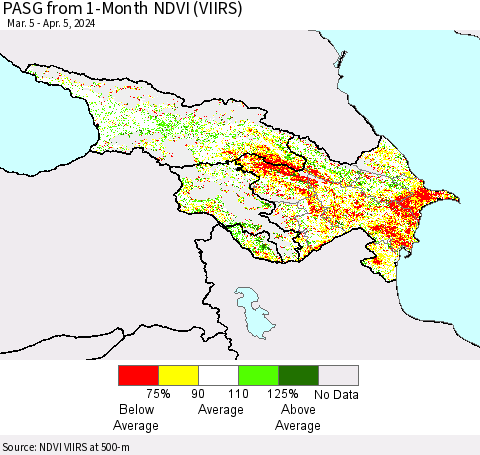 Azerbaijan, Armenia and Georgia PASG from 1-Month NDVI (VIIRS) Thematic Map For 3/29/2024 - 4/5/2024