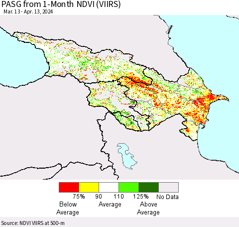 Azerbaijan, Armenia and Georgia PASG from 1-Month NDVI (VIIRS) Thematic Map For 4/6/2024 - 4/13/2024