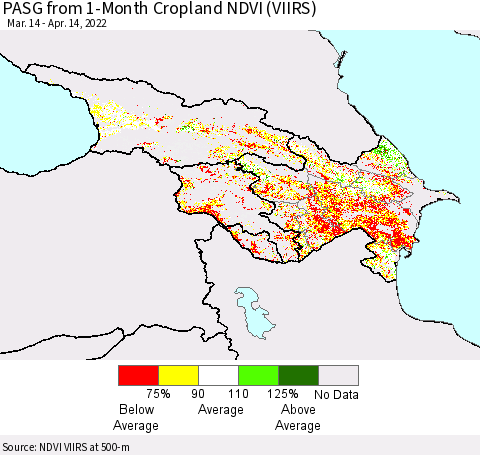 Azerbaijan, Armenia and Georgia PASG from 1-Month Cropland NDVI (VIIRS) Thematic Map For 4/7/2022 - 4/14/2022